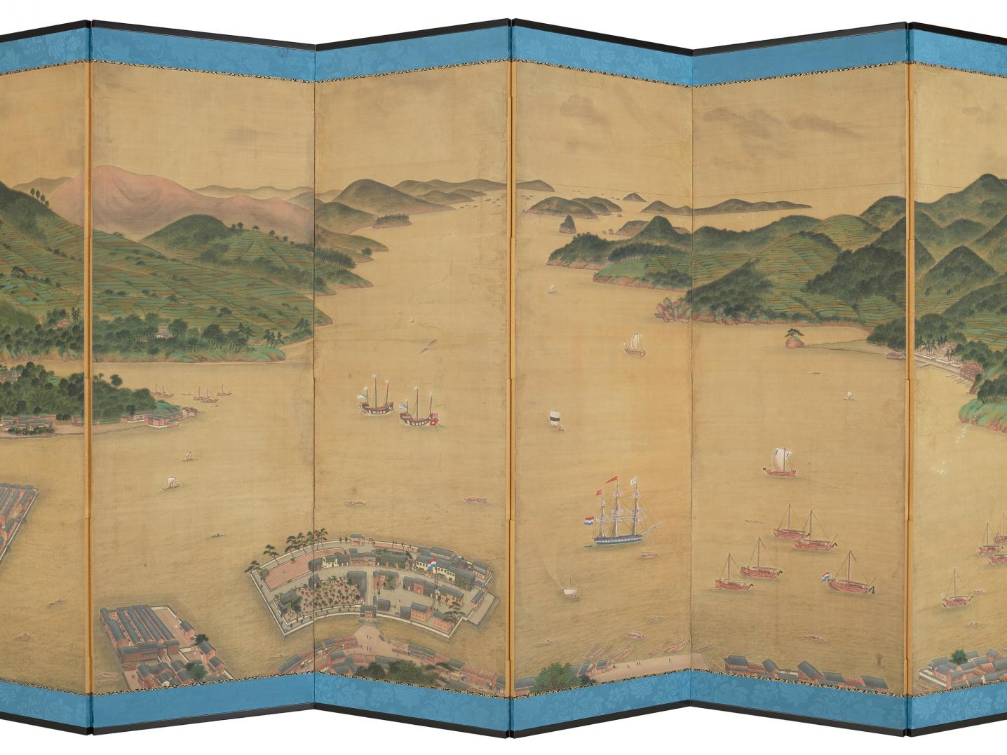 Folding Screen 'View on Deshima' by Kawahara Keiga (c. 1836) after restauration.