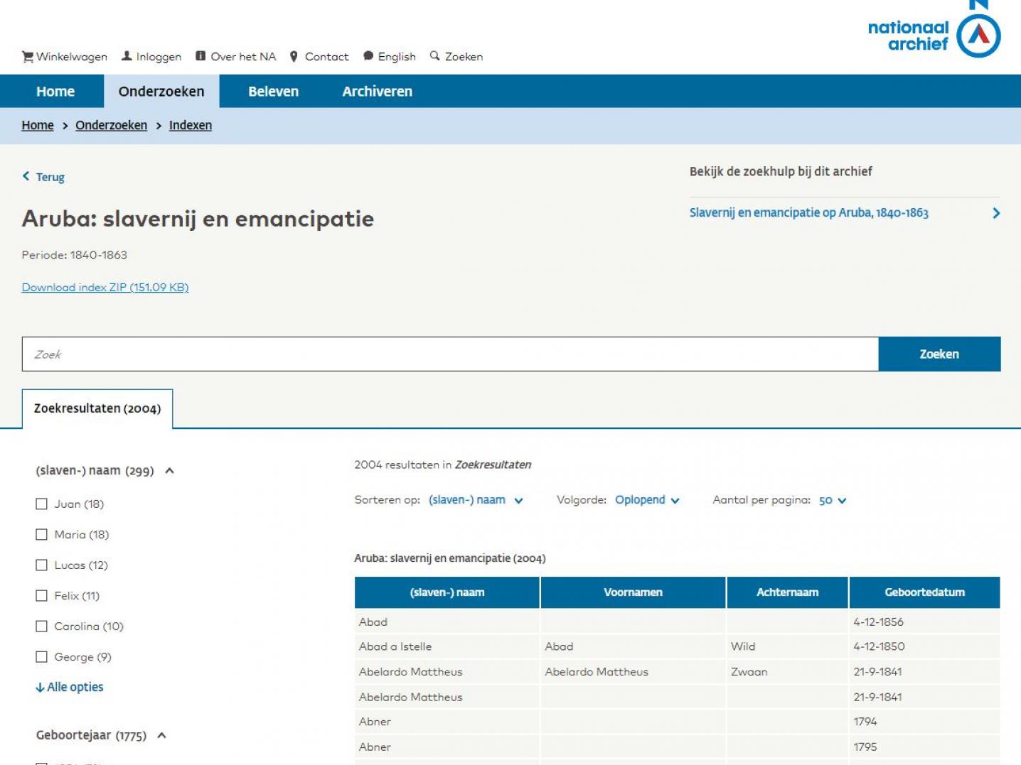 a webpage of the database: on the left side of the page one can fill in names and dates, in the middle of the page we see the search results.