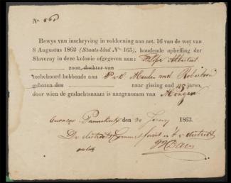 Proof of registration and compliance with art. 16 of the Abolition of Slavery Act, 1863 June-July, 1863. Archives of the District Masters of the 3rd, 4th and 5th district, Juliana-Brenneker Collection. Photo: National Archives of Curaçao. 
