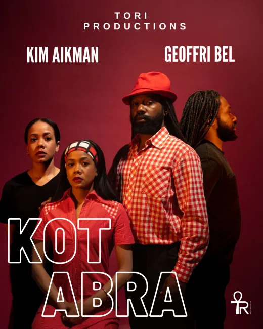 a theatre poster with four people standing, dressed in red and balck 