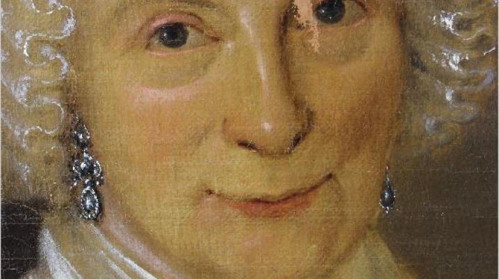 A print publication with close-up of a portrait painting of a 19th-century lady by an unknown artist on the cover. The painting is damaged, paint has partially been stripped from the lady's right eye. 